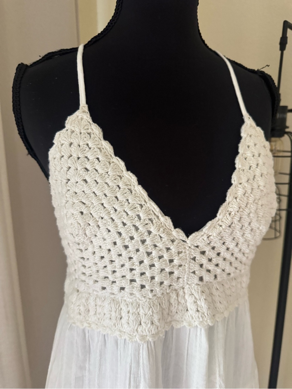 Aerie White Crochet Mini Dress XL Boho Cottagecore Tiered Sundress - Picture 5 of 9